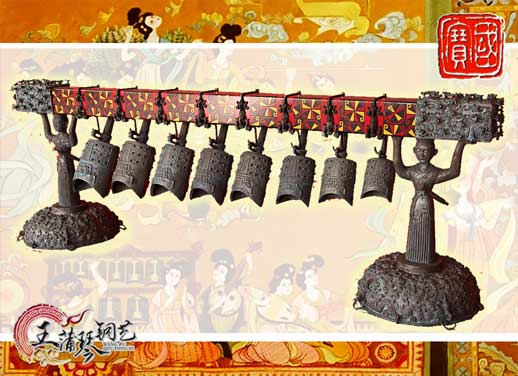 8件古編鐘，銅人銅座裝飾，可發(fā)音